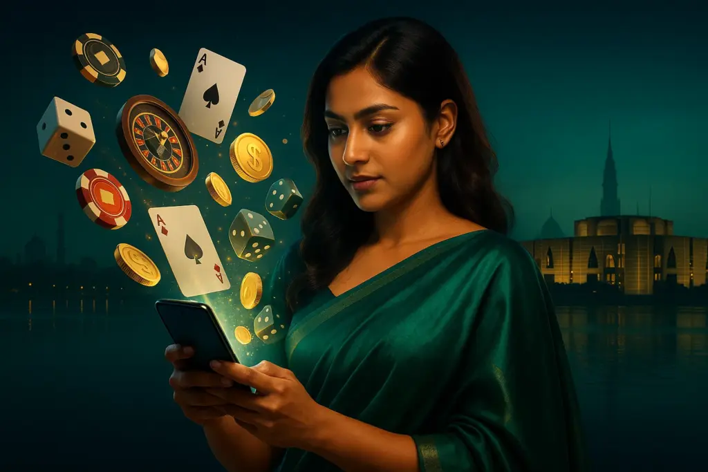 Bangladeshi woman in green saree playing online casino on smartphone with floating poker chips, cards, dice, roulette wheel, and coins against Dhaka skyline at night.