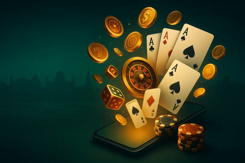 Golden casino symbols exploding from smartphone screen: aces, roulette, dice, coins, and poker chips over blurred Dhaka cityscape background.